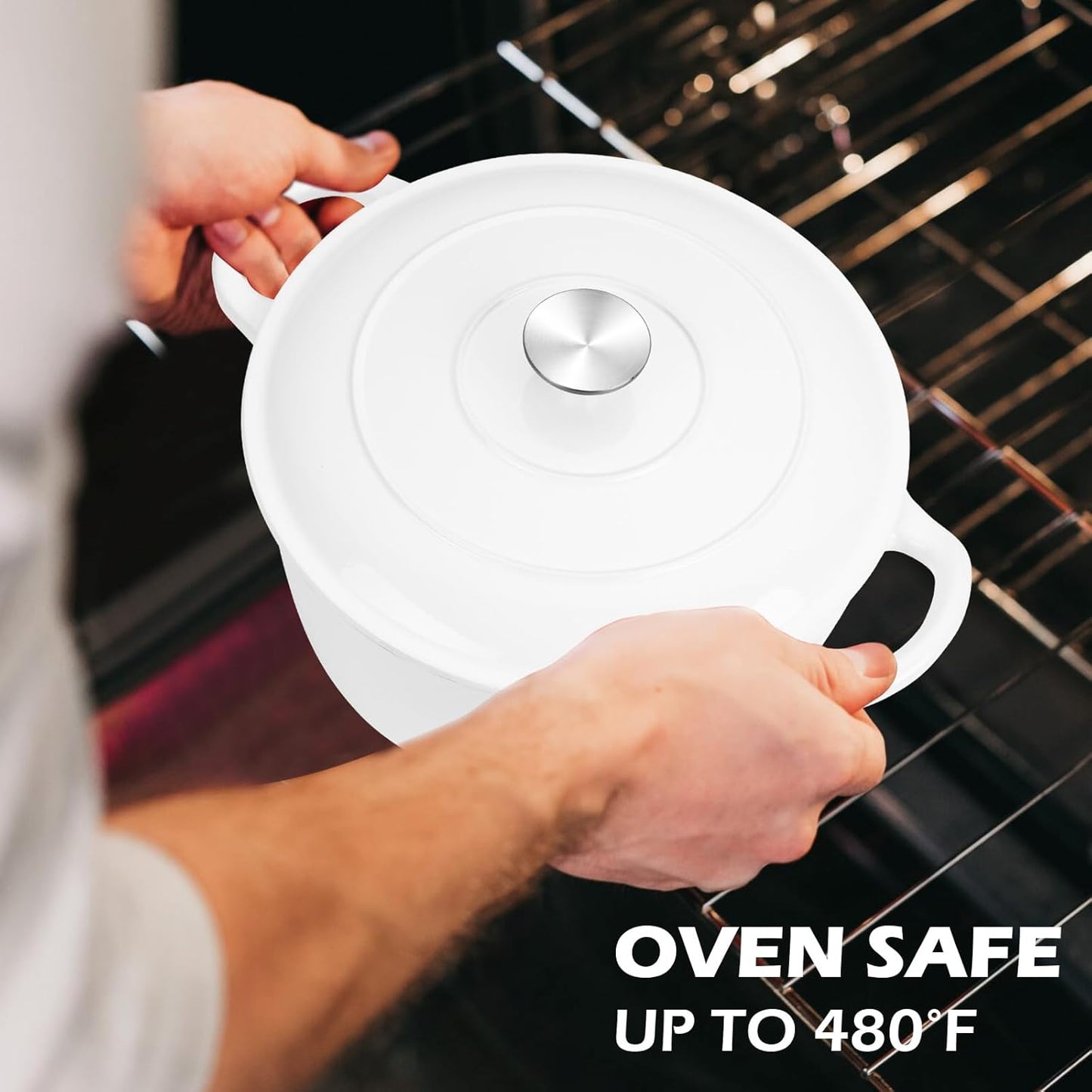 6 Quart Dutch Oven with Lid, Leonyo 6QT Enameled Cast Iron Dutch Oven for Sourdough Bread Baking, Heavy Duty Cookware for Braising, Stews, Roasting, White