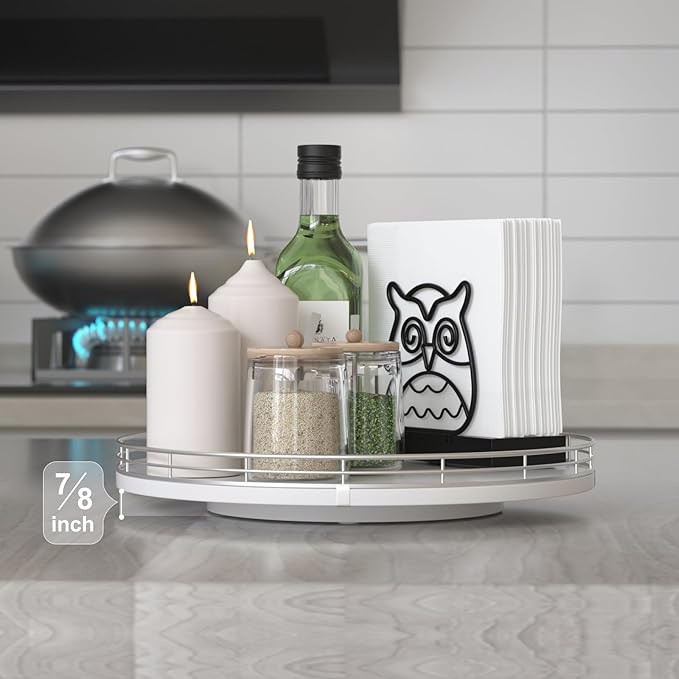 12" Oak Wood Lazy Susan Organizer, Lazy Susan for Cabinet Dining Table Pantry Wood Turntable Organizer Tray for Coffee Table Kitchen Countertop Salt Spice Can Organization and Storage Round Silver