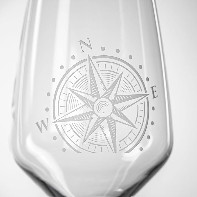 Rolf Glass Compass Star All Purpose Wine Glass | 19.5 Ounce Stemmed Wine Glass | Set of 4 Lead-Free Glassware | Nautical-Themed with Intricate Compass Star Design
