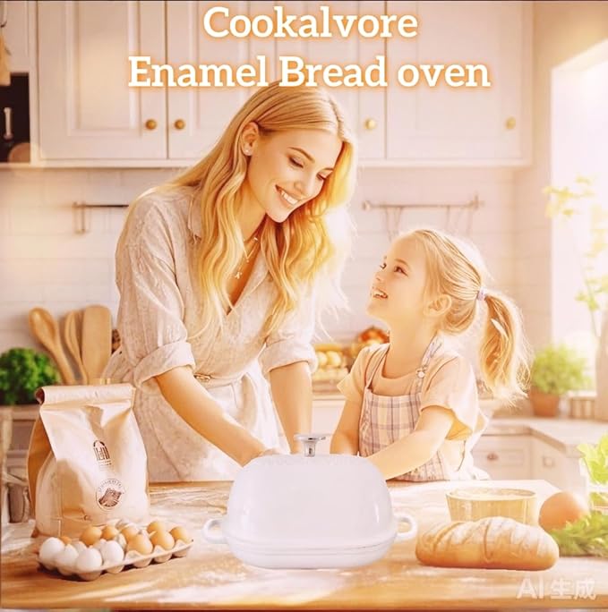 Cast Iron Bread Oven,6 QT Bread Oven,Thick Enameled Loaf Pan with Lid,Bread Pans for Homemade Bread,14.5"Dutch Oven for Bread Baking,Dutch Oven-with Silicone Baking Mat&Recipe,Gifts for Family,White