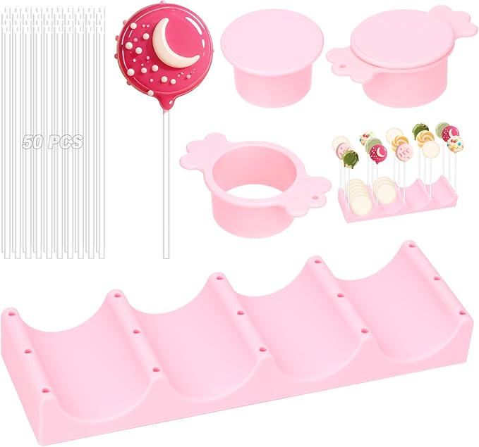 Silicone Cake Pop Mold Set, Round Cake Pop Cutter with Pusher, Tray and 50 Sticks, 15-Hole Cake Pop Holder, DIY Baking Molds Kit for Parties, Wedding, Home Desserts Making - Pink