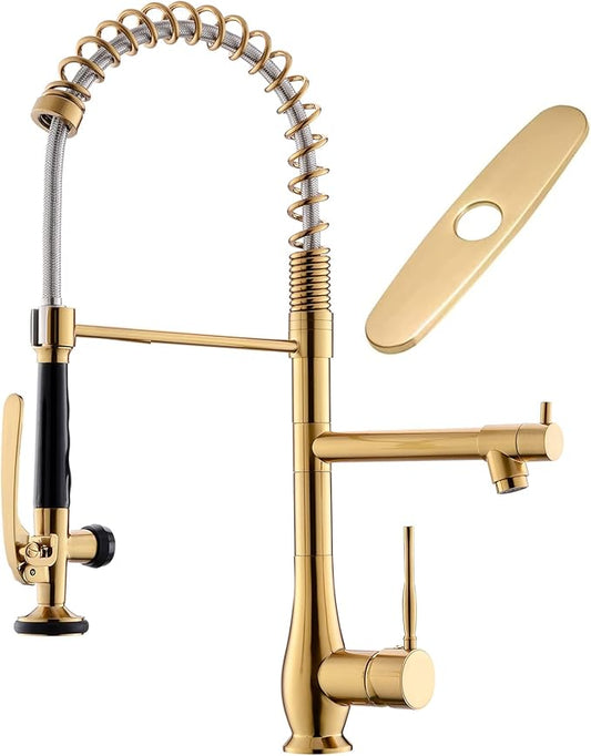 GIMILI Brushed Gold Kitchen Faucet with Pull Down Sprayer Single Handle High Pressure Brass Kitchen Sink Faucet Commercial Double-Headed Kitchen Faucets Sink with Deck Plate