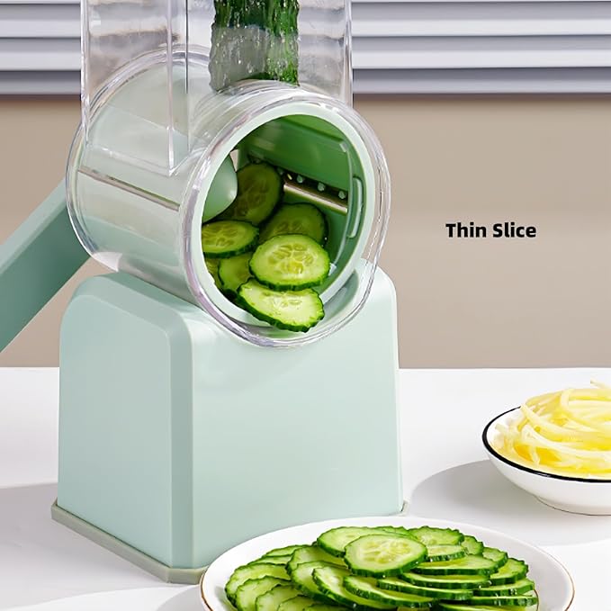 Rotary Cheese Grater with Handle,Replaceable Stainless Blades Cheese Shredder,Multi-Functional Cheese Vegetable Slicer with Storage Box,Easy to Clean Kitchen Gadgets with Storage Box (Green, 3 Blades)