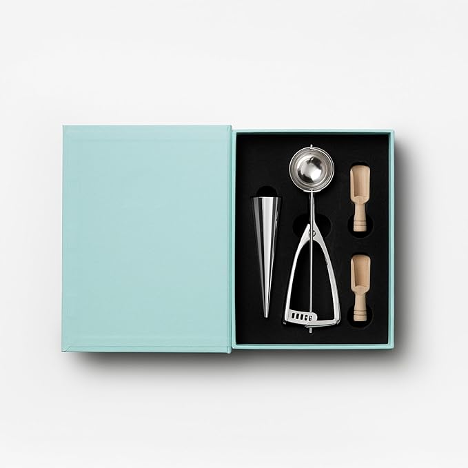 The Essentials, Ice Cream Tools – Stainless Steel Ice Cream Scoop with Trigger, Cone Shapes and Wooden Sprinkle Scoops, Book-Style Case