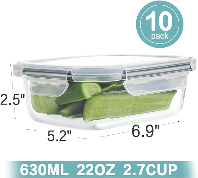 HOMBERKING 10 Pack 22oz Glass Meal Prep Containers, Food Storage Containers with Lids, Airtight Lunch Bento Boxes, BPA-Free & Leak Proof (10 lids & 10 Containers) - Grey