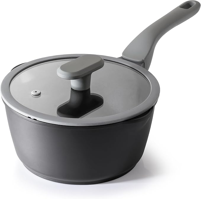 PRICUSIS Nonstick Saucepan with Lid, 2.7 Quart Non Toxic Pot with Pour Spouts, Full Coated, 100% Dishwasher Safe, Induction Compatible & Oven Safe, PTFE & PFOA Free, Black Sesame