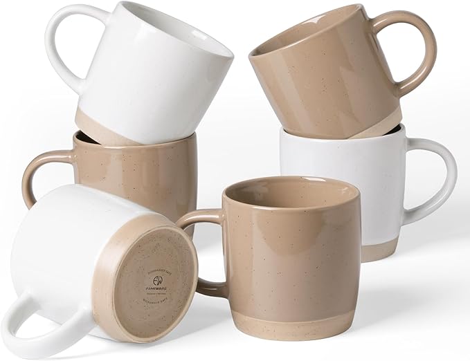 famiware Coffee Mugs for 6, 12 oz Mug Set, Dringking Cup with Handle for Coffee, Tea, Cocoa, Milk, Milkyway serise, White+Cinnamon Brown