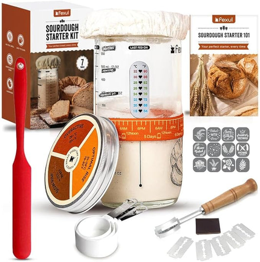 Sourdough Starter Kit with 24oz Glass Jar, Recipe Book, Tracking Band, Measuring Spoons, Bread Lame with 5 Blades, Scoring Stencils & Silicone Spatula – Complete Bread Baking Supplies for Home Bakers