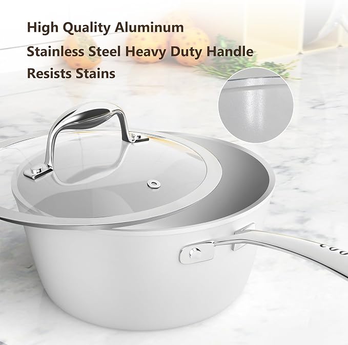 COOKSMARK Nonstick Ceramic Cookware Set, Induction & Dishwasher Safe Scratch-Resistant Pots and Pans Set with Glass Lids 10 Pieces, White