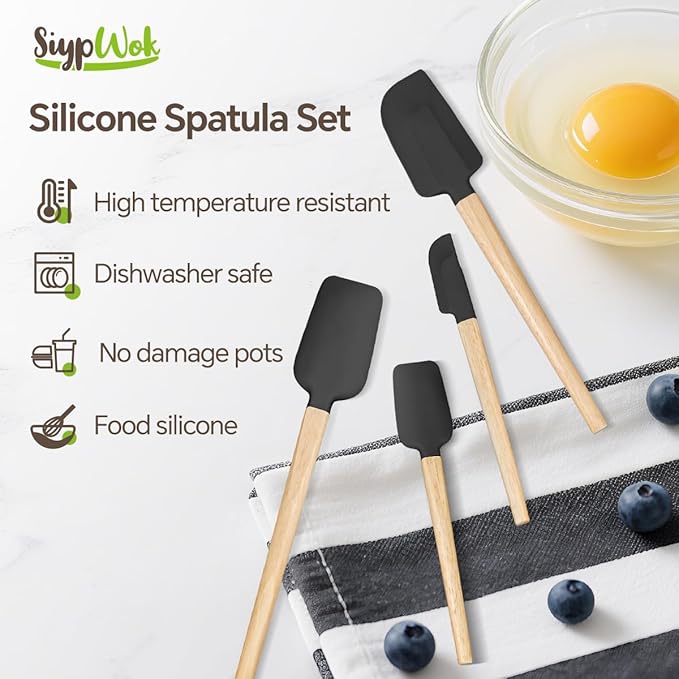 Black Silicone Spatula Set, Food Grade Rubber Spatula-4 Piece Nonstick Rubber Spatulas, Spoonula, Jar Scraper for Cooking, Baking, Mixing, Frosting
