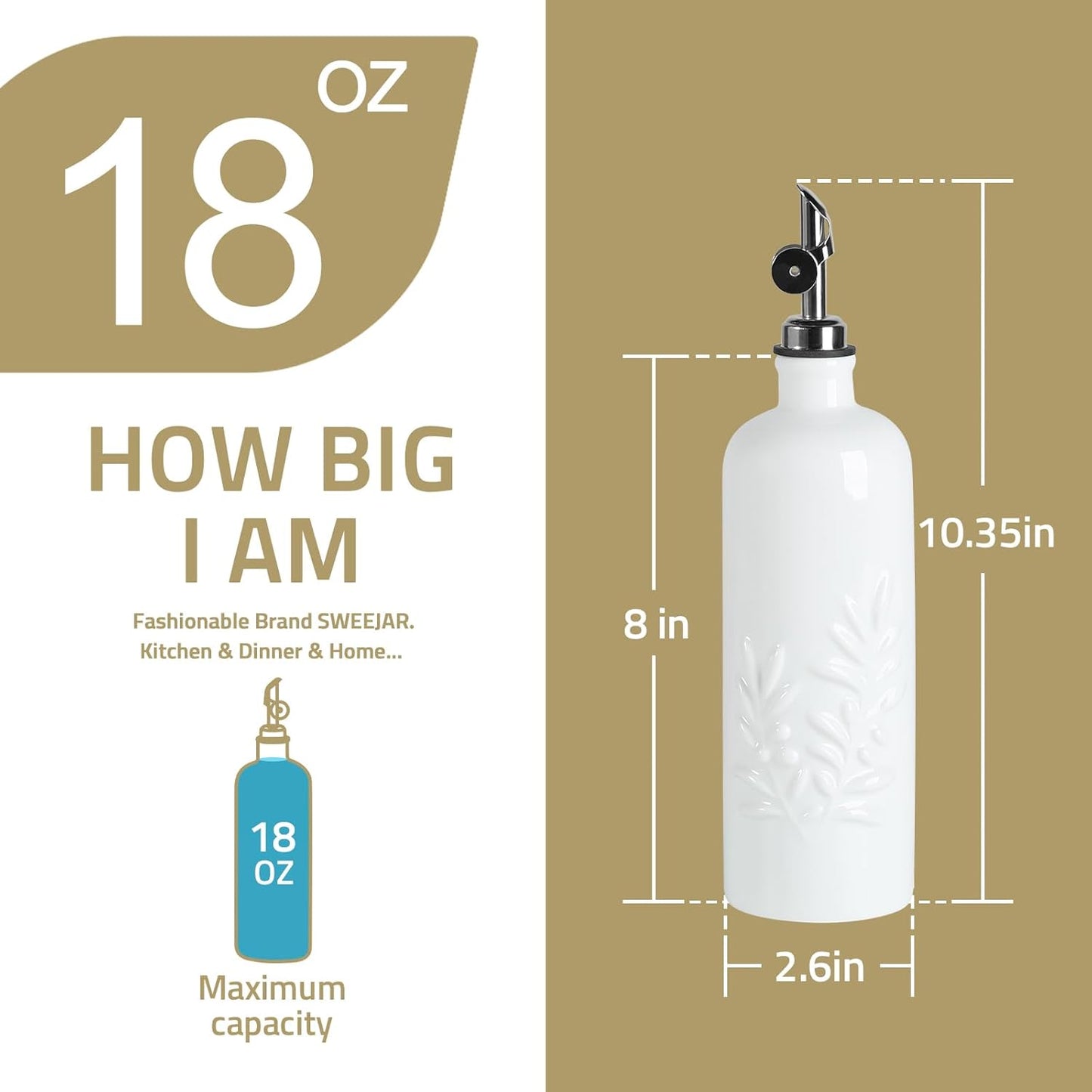 Sweejar 18 Oz Oil Dispenser for Kitchen with Gravity Spout, Ceramic Olive Oil Dispenser Bottle, Relief Opaque Vinegar Container for Evoo, Vinegar, Soy Sauce, Pack of 1(Beige, Silver Spout)