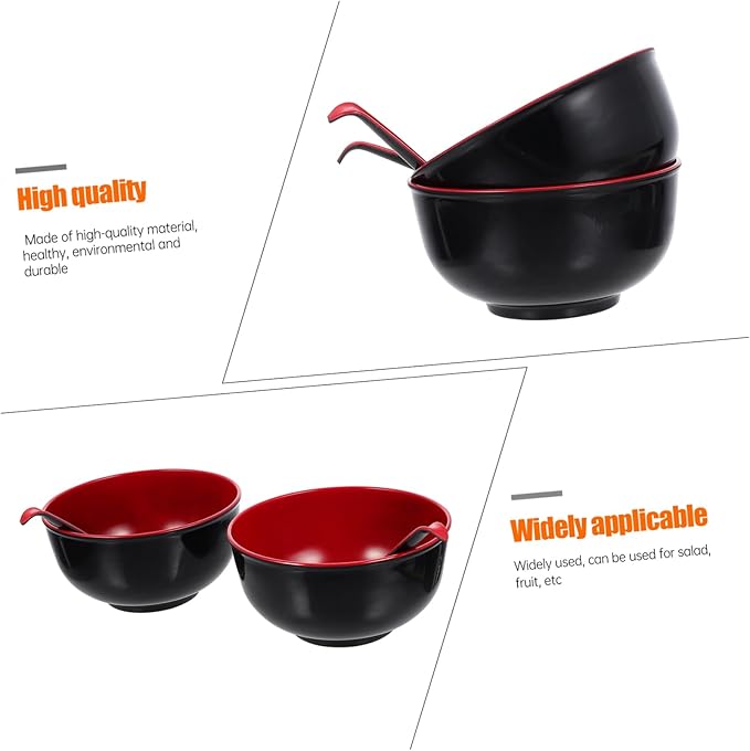 Uonlytech Melamine Ramen Bowl with Spoons Black and Red Multi-function Soup and Rice Bowls Easy-clean Kitchen Tableware for Salad Noodles and Asian Cuisine