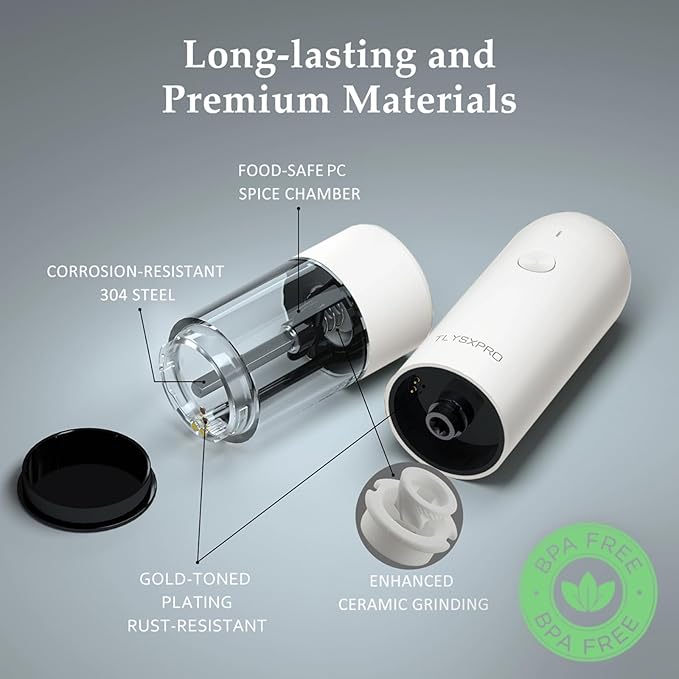 Electric Salt and Pepper Grinder Set, USB Rechargeable, Automatic Salt and Pepper Mill Grinder with Adjustable Coarseness, Electric Salt Shakers, LED Light, Refillable (2 Packs, Black&White)