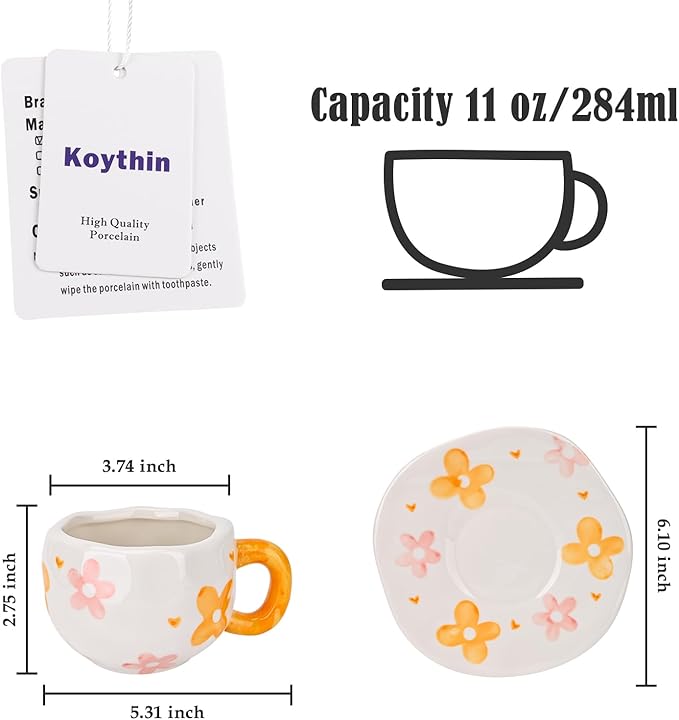 Koythin Ceramic Coffee Mug with Saucer Set, Cute Creative Orange Flower Cup Unique Irregular Design for Office and Home, 10 oz/300 ml for Latte Tea Milk
