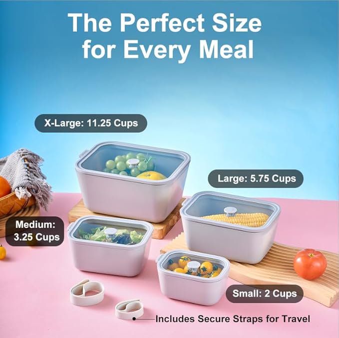 Glass Food Storage & Meal Prep Container Set of 4 with Airtight Glass Lids, Leakproof, 3 Free Straps, Oven, Microwave Safe, BPA & Plastic-Free