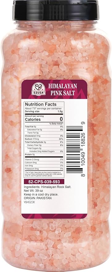 52USA Himalayan Pink Salt, Coarse Grain, 39 oz (2.4 LB), Pink Himalayan Sea Salt, Sea Salt for Grinder Refill, Kosher Salt
