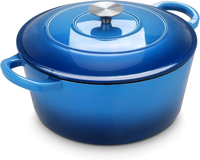 LIFERUN 6 Qt Enameled Cast Iron Dutch Oven Pot with Lid，Oven Safe up to 500° F, Heavy-Duty Non-Stick Dutch Oven with Dual Handles for Bread Baking, Fry Foods, Braising, Stews, Roasting (Blue)