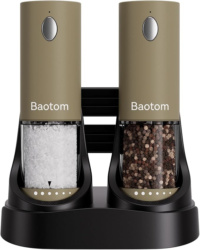 Electric Salt and Pepper Grinder Set with Dual Charging Base, 6 Adjustable Coarseness Levels & External Grind Settings, One-handed Operation Salt and Pepper Mills with LED Light,Brown