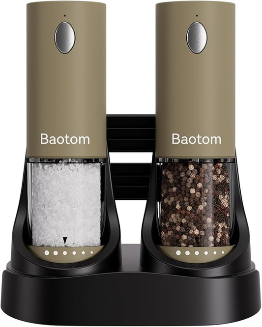 Electric Salt and Pepper Grinder Set with Dual Charging Base, 6 Adjustable Coarseness Levels & External Grind Settings, One-handed Operation Salt and Pepper Mills with LED Light,Brown