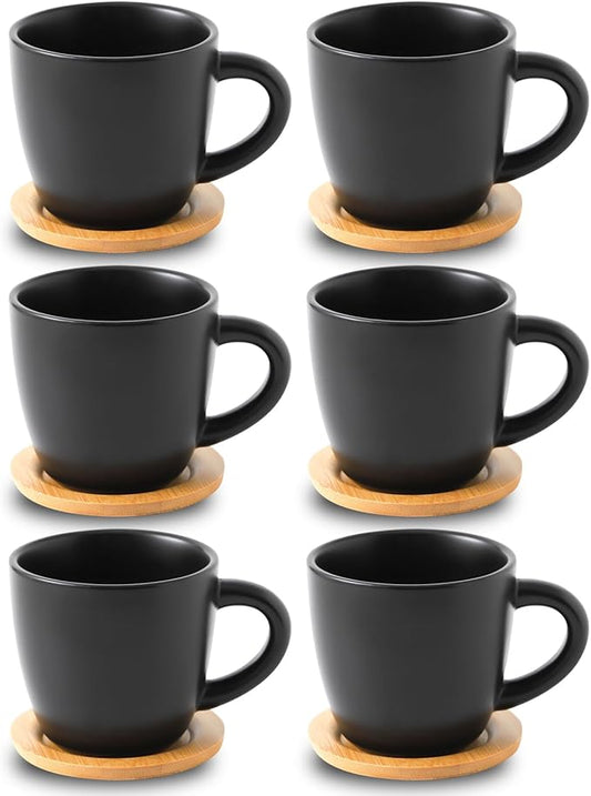 Hasense 8 oz Cappuccino Cups with Saucers set of 6, Porcelain Coffee Mugs Latte Mugs with Handle Perfect for Double Shot, Americano, Milk and Tea, Black