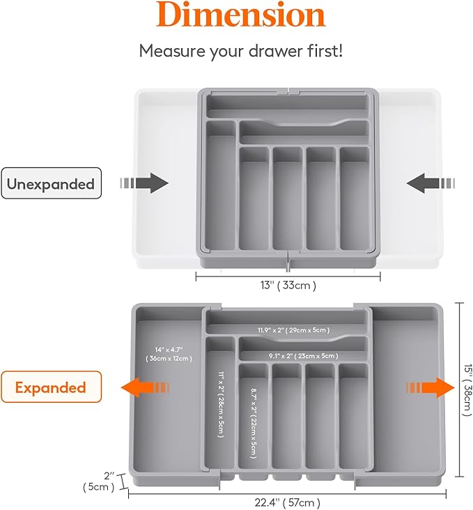 Lifewit Silverware Drawer Organizer, Expandable Utensil Organizer for Kitchen Drawers, Adjustable Cutlery and Flatware Tray, Plastic Spoons Forks Knives Holder Storage Dividers, Large, Gray