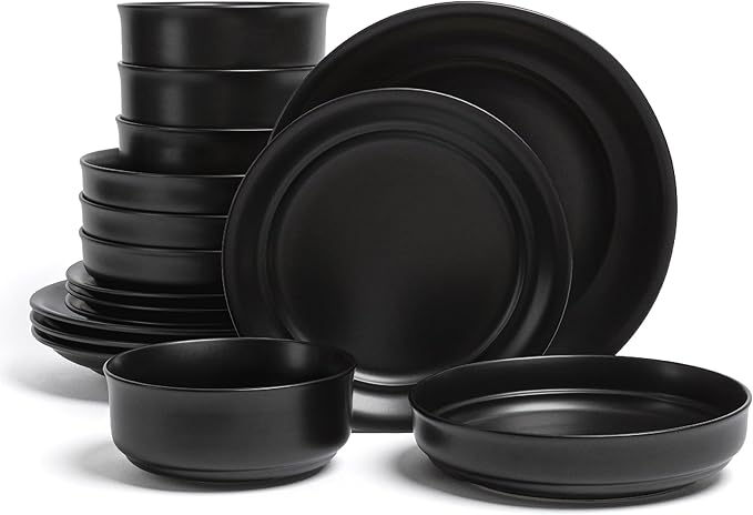 over&back Rim Dinnerware Set - Stoneware Dishes - Comes with 4 Dinner Plates, Salad Plates, Cereal Bowls, and Dinner Bowls - 16-Piece All-Occasion Place Settings - Serves Four - Semi-Matte Black