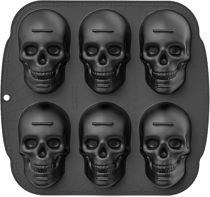 Halloween Skull Silicone Molds for Baking, 6 Cavities 3D Skull Baking Pan for Cake Chocolate, Skeleton Mold for Pizza Ice Wax Melt Jelly Resin (Black)
