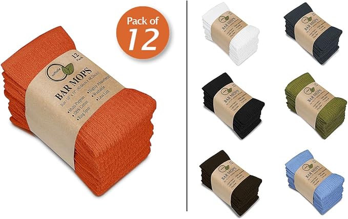 Softolle Bar Mop Towels, Pack of 12-16x19 Inches - 100% Cotton Super Absorbent Towels, Multi-Purpose for Home and Bar Cleaning (Orange)