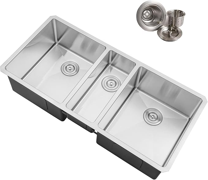 42 in. x 20 in. x 10 in. 16-Gauge Stainless Steel Undermount Triple Bowl Kitchen Sink with Strainers