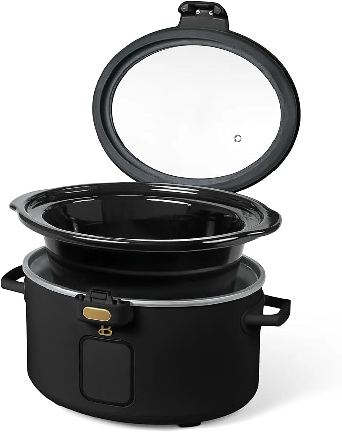 Beautiful 4-Qt Programmable Slow Cooker with Hinged Locking Lid & Touch Display – 3 Heat / 4 Timer Settings (Black Sesame)