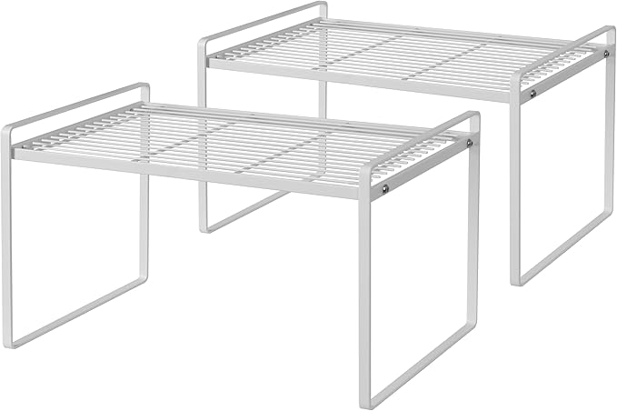 2Pack Kitchen Cabinet Shelf Counter Organizer Rack Pantry Storage Bathroom Bedroom Office Table Desk Space Saving Stackable Rust Resistant Non Slip White Tall Wide L16.1in W10.6in H9.5in