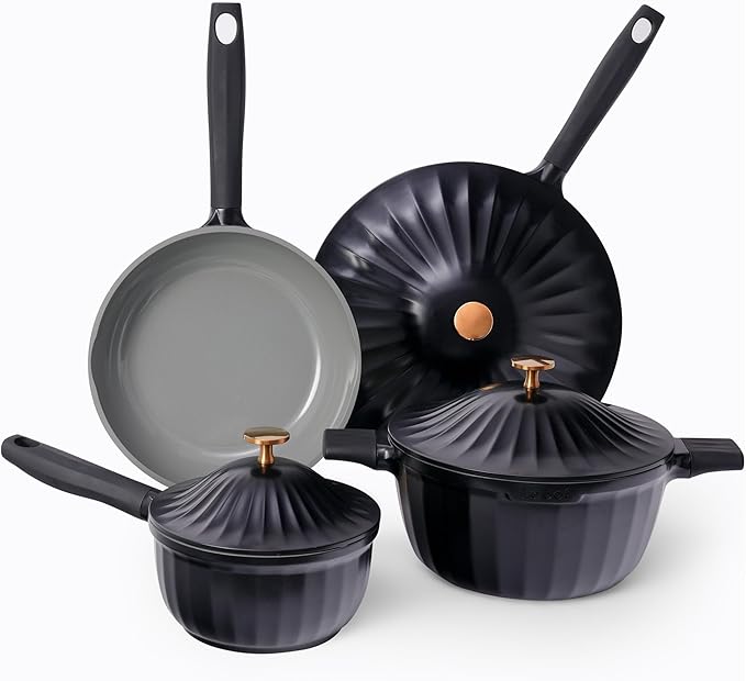 Nonstick Ceramic Cookware Set (7 Piece)–Titanium Cast Aluminum Pots and Pans Set with Lids, Non Toxic PFAS-Free Compatible with All Stovetops–Jet Black