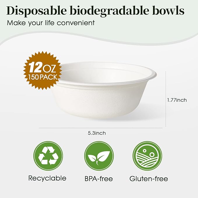 ECOLipak 150 Pack 12 oz Paper Bowls Disposable, Heavy-Duty Biodegradable Compostable Bowls Made of Natural Sugarcane Bagasse, Suitable for Salad, Dessert, Milk, Cereals