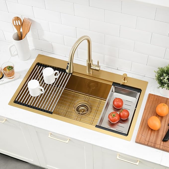 Gold Kitchen Sink, 33x19 Stainless Steel Drop in Kitchen Sink Workstation Single Bowl 16 Gauge Handmade Deep Basin