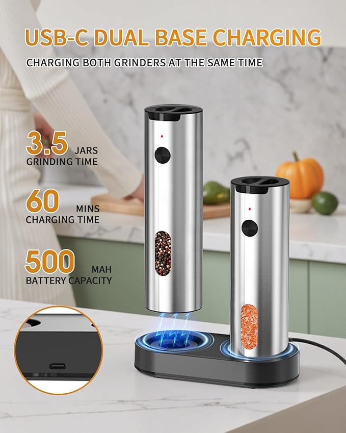 CIRCLE JOY Electric Salt and Pepper Grinder Set, Stainless Steel Rechargeable Pepper Mill Set with Charging Base, 110ML Top-Fill, Adjustable Coarseness, LED Light, One-Hand Operation, Gift Idea