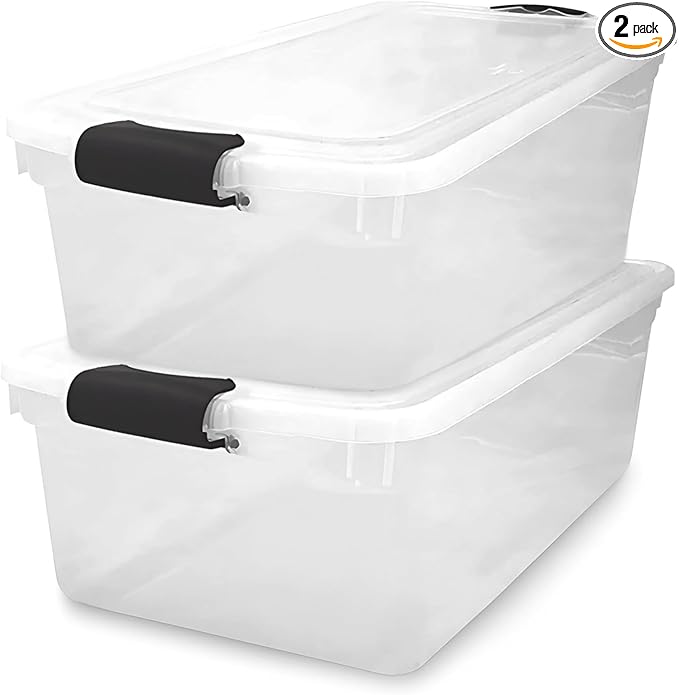 HOMZ 2-Pack Latching Lid, Large Clear Plastic Storage Bins with Lids, 66 Quart, Gray Latch - Stackable Container Boxes for Home, Bathroom, and Office Organization