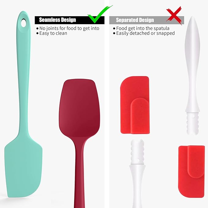 Doosu Silicone Scraper Spoon Spatulas, 600°F Heat Resistant BPA Free Rubber Flat Spatula, Kitchen Mixing Stirring Cooking Spoonula, Non-Stick Dishwasher Safe Baking Supplies (2 Pcs, Aqua+Red)