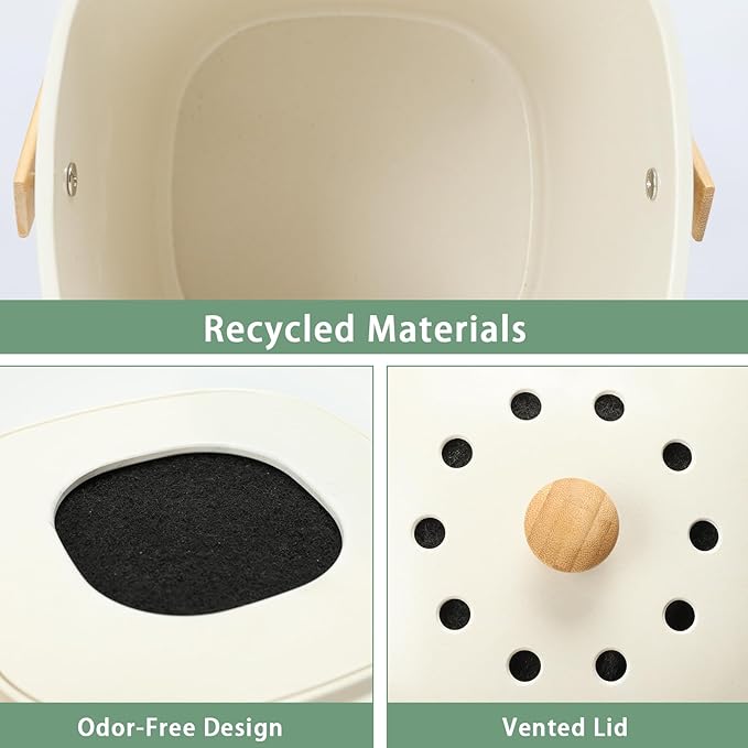 Vipush Bamboo Fiber Compost Bin with Lid Small Countertop Compost Bin Includes Charcoal Filter, Beige