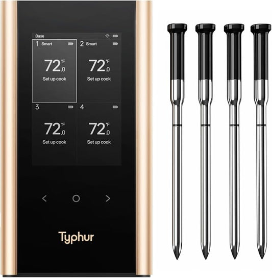 Sync Gold Wireless WiFi Meat Thermometer, 4 Slim Probes, 6 Sensors, 10x Stronger Signal, ±0.5℉ Accuracy, Smart Base Direct Setup, Reliable Reading Through Kamado Grill, BBQ, Oven, Smoker, Air Fryer