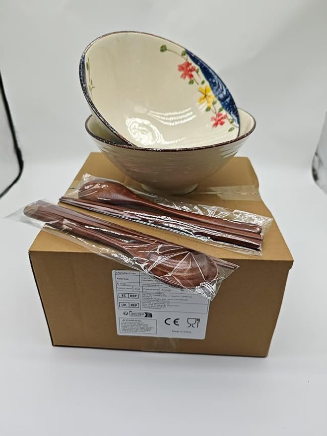 2 x 40 OZ ceramic ramen bowls, 8 IN large Japanese noodle soup bowl, match chopsticks and spoons, suitable for Pho, Udon Asian noodles (Colorful flowers 2 set)