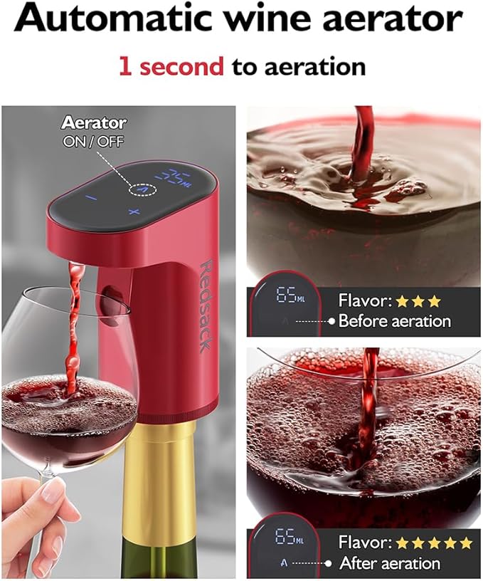 Smart Digital Wine Dispenser & Electric Aerator with Auto Stop, 1-999ML Quantitative Pour & Hands-Free Sensor for Wine, Whiskey, Spirits - Ideal Gift for Men, Dad, Him, Wine Enthusiasts (Red)