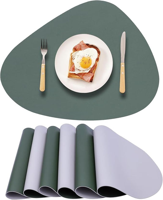Faux Leather Placemats Set of 6 Reversible,Round PU Placemat for Dining Table,Waterproof Table Mats Heat Resistant Wipeable Anti Slip Washable,Modern Table Protectors(Green and Grey)