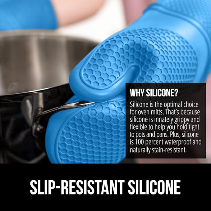 GORILLA GRIP BPA-Free Soft Silicone Oven Mitts, 14.5x8.3, Heat Resistant and Waterproof Cooking Gloves, Thick Cotton Lining, Flexible Gripping for Baking Grilling, Kitchen Potholders Set of 2, Aqua