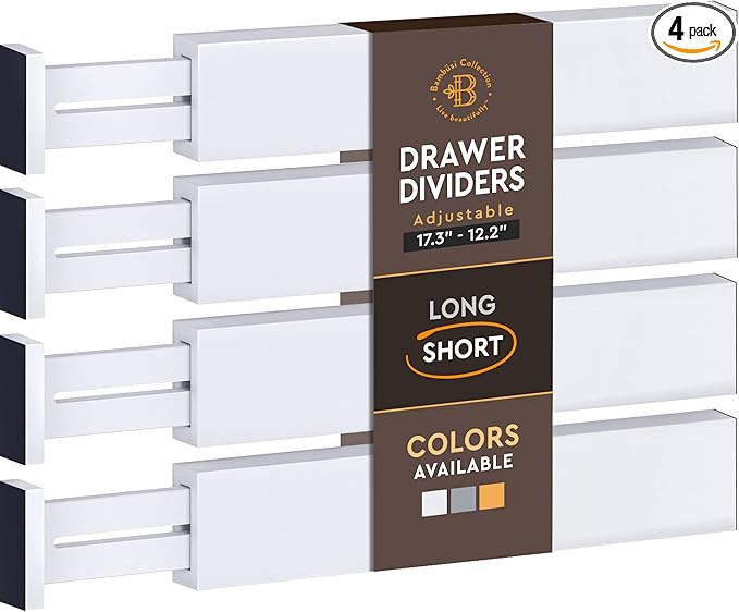 4-Pack Bamboo Drawer Dividers - 2.6" High, 12.5"-17" Adjustable Drawer Organizers for Clothes, Expandable Dresser Separators in Bedroom/Bathroom/Kitchen/Office Organization and Storage (White)