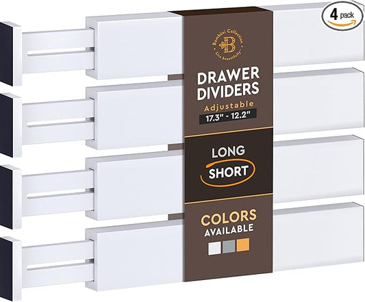 4-Pack Bamboo Drawer Dividers - 2.6" High, 12.5"-17" Adjustable Drawer Organizers for Clothes, Expandable Dresser Separators in Bedroom/Bathroom/Kitchen/Office Organization and Storage (White)