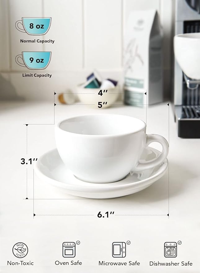 LE TAUCI 8 oz Cappuccino Cups with Saucers, Heavyweight Ceramic Large Coffee Cup for Au Lait, Double shot, Latte, Cafe Mocha, Tea - Dishwasher Safe, Set of 4, White