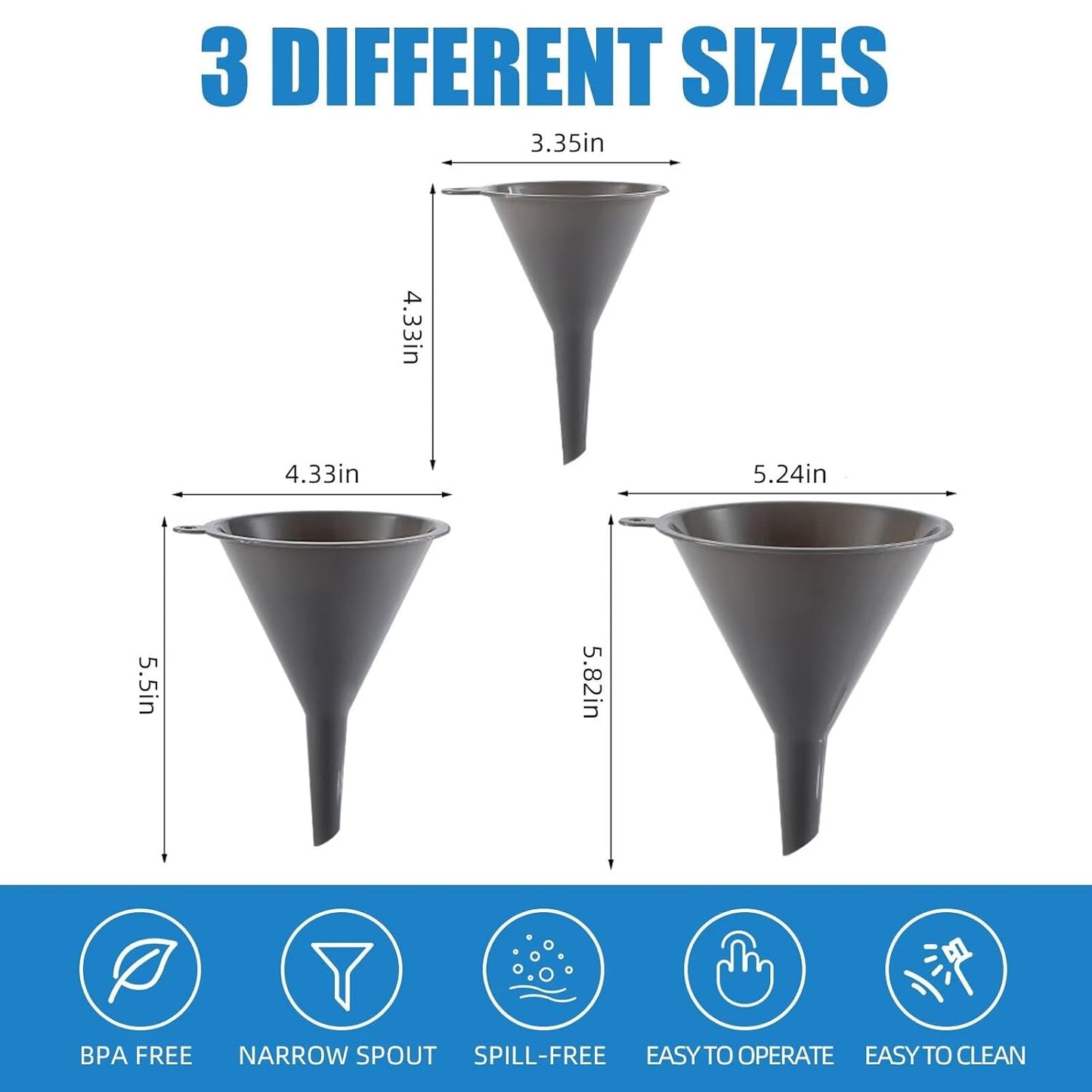 Plastic Kitchen Funnel Set of 3, Round Kitchen Funnels for Filling Bottles, Durable and Multifunctional Funnels for Filling Canning, Cooking, Lab or Car Oil (Gray)