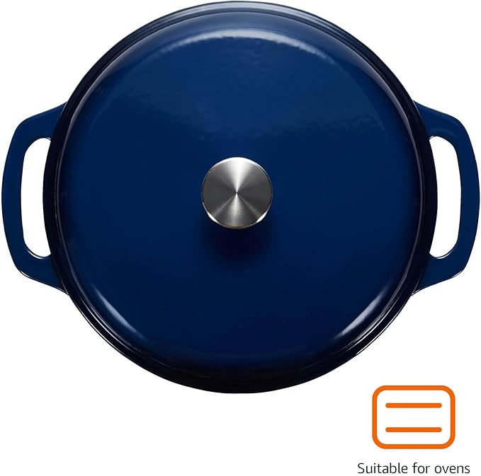 Amazon Basics Cast Iron Dutch Oven Pot with Lid, Enameled, Round, Dual Handles, Heavy-Duty, Medium, 6-Quart, Navy