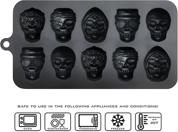 JETKONG 10 Cavity Skull Chocolate Molds Silicone Skull Candy Mold for Jelly Crayon Resin, Pack of 2 (Black)
