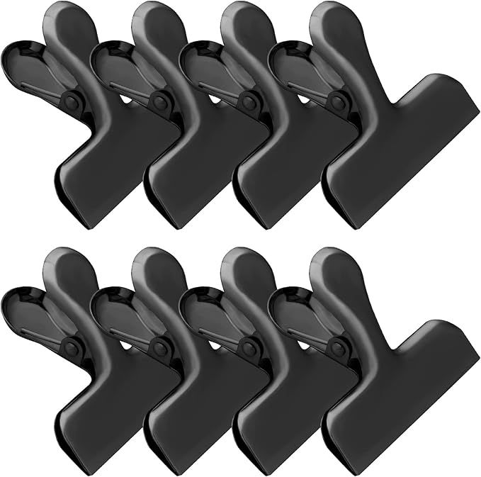 Funfery Stainless Steel Black Chip Clips 3" Bag Clips for Kitchen Storage,Food,Snacks,8 Pack Large Metal Clip for Food Packages,Chips,Paper and Home&Office
